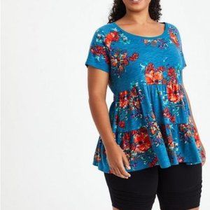 Women’s Torrid 1 Blue Floral Babydoll Slub Scoop Neck Tiered Top 1X 1XL 14 16